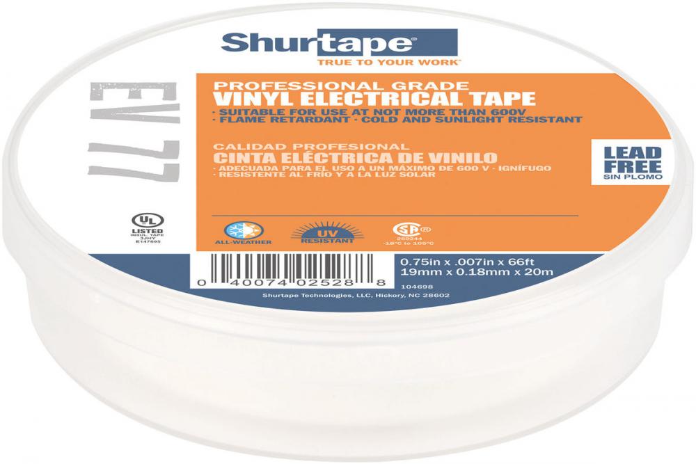 EV 77 Professional Grade Electrical Tape - UL Listed - White - 7 mil - 3/4in x 6