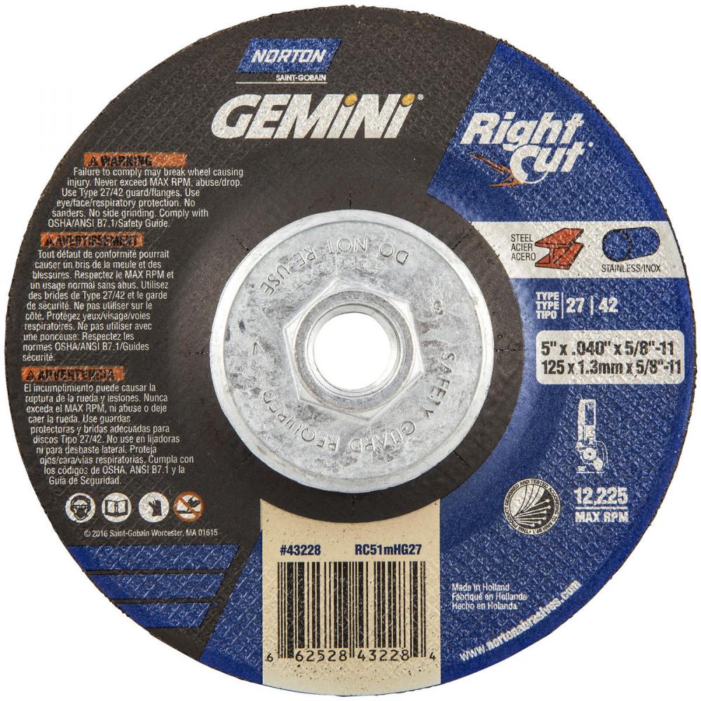 5 x .040 x 7/8 In. Gemini RightCut Cutting Wheel 60 ZZ T27/42
