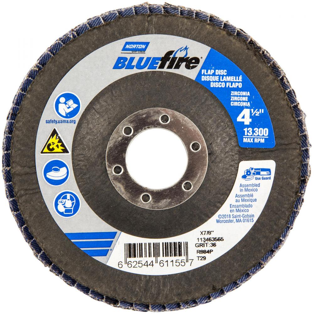 4-1/2 x 7/8 In. BlueFire Fiberglass Conical Flap Disc T29 P36 Grit R884P ZA