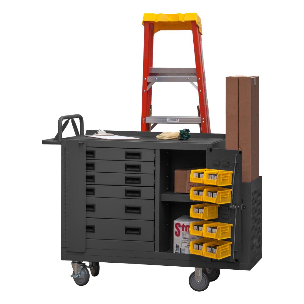 Mobile Bench Cabinet, 10 Yellow Bins