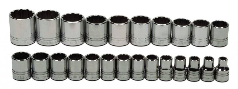 24 pc 1/2&#34; Drive 12-Point Metric Shallow Socket Set on Rail and Clips