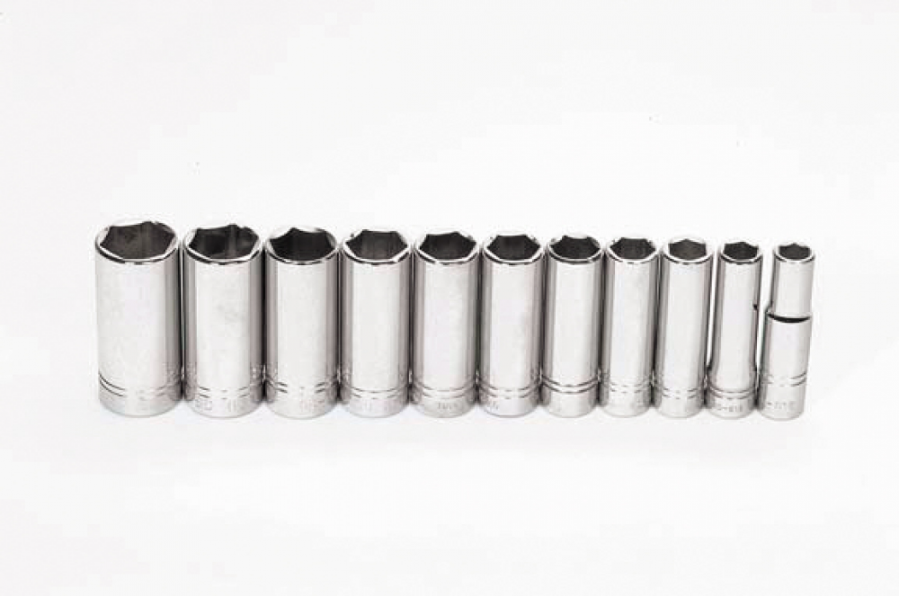 11 pc 1/2&#34; Drive 6-Point SAE Deep Socket Set on Rail and Clips