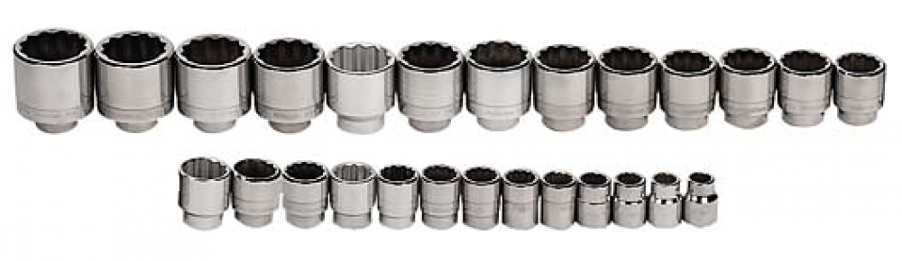 26 pc 3/4&#34; Drive 6-Point SAE Shallow Socket Set on Rail and Clips